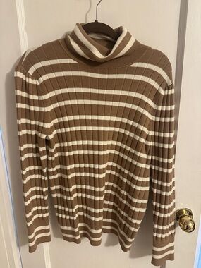 Talbots Brown and Cream Striped Ribbed Knit Sweater
